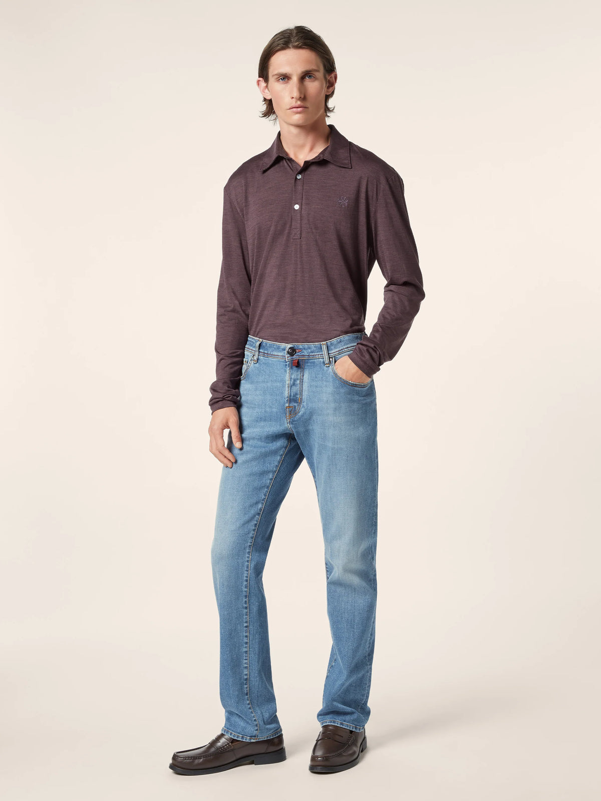 Long-sleeve Polo Shirt in Mélange Burgundy Merino Wool