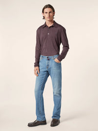 Long-sleeve Polo Shirt in Mélange Burgundy Merino Wool
