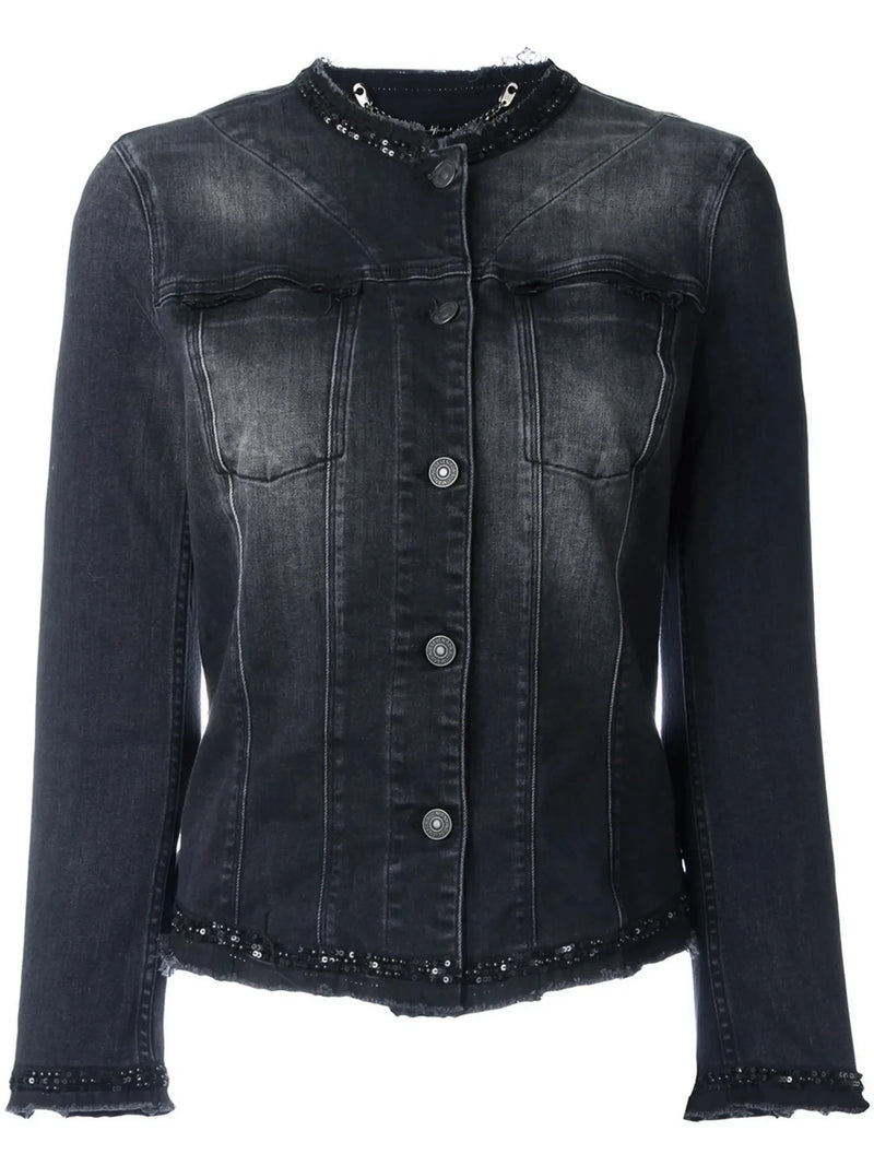 Collarless Black Denim Jacket