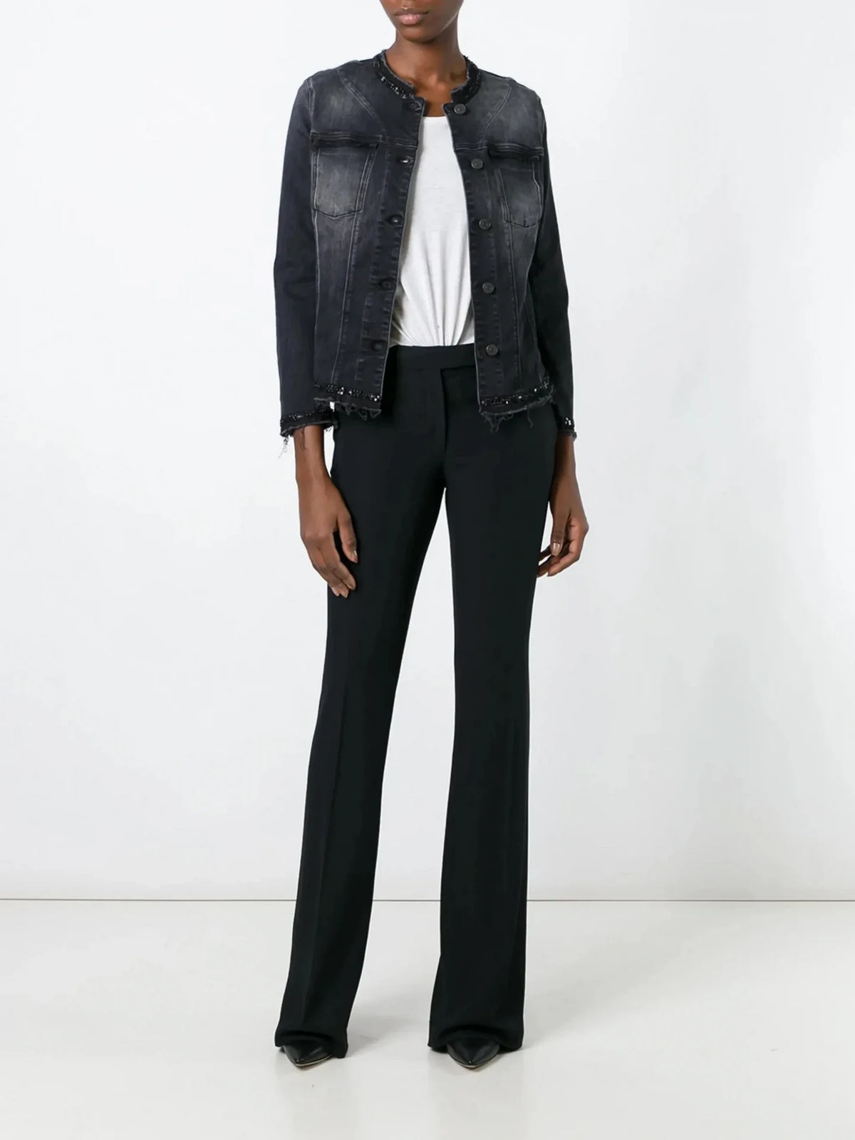 Collarless Black Denim Jacket