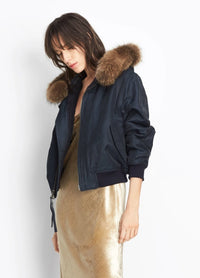 Fur Trimmed Blue Bomber Jacket