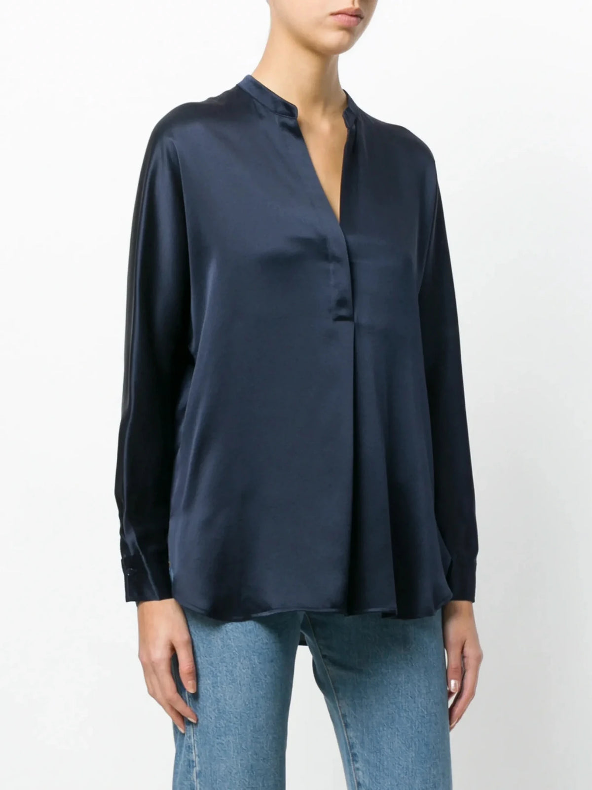 Band Collar Navy Blue Blouse