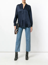Band Collar Navy Blue Blouse