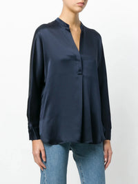 Band Collar Navy Blue Blouse