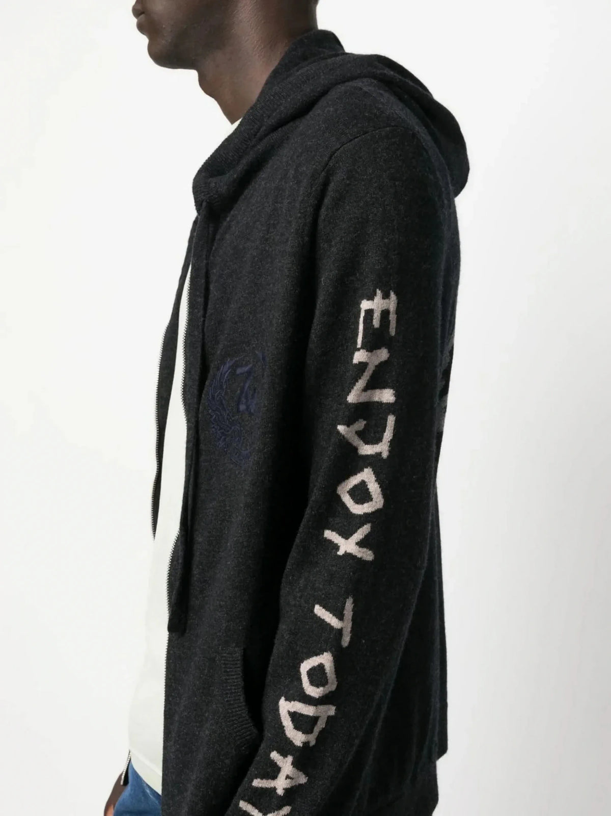 Intarsia-Knit Black Hoodie