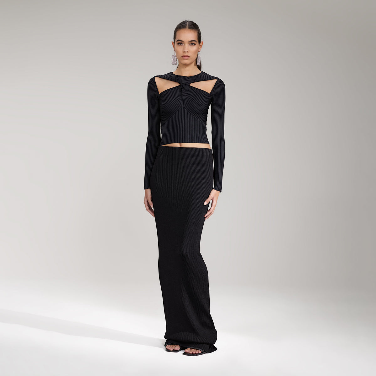 Ribbed Knit Cut-Out Black Top