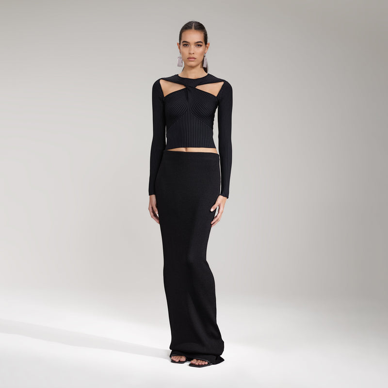 Ribbed Knit Cut-Out Black Top