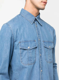 Slogan-Print Blue Denim Shirt