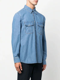 Slogan-Print Blue Denim Shirt