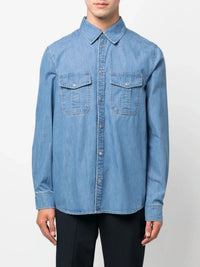 Slogan-Print Blue Denim Shirt