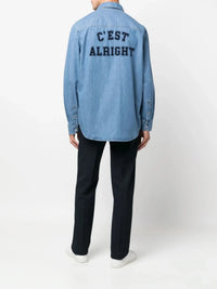 Slogan-Print Blue Denim Shirt