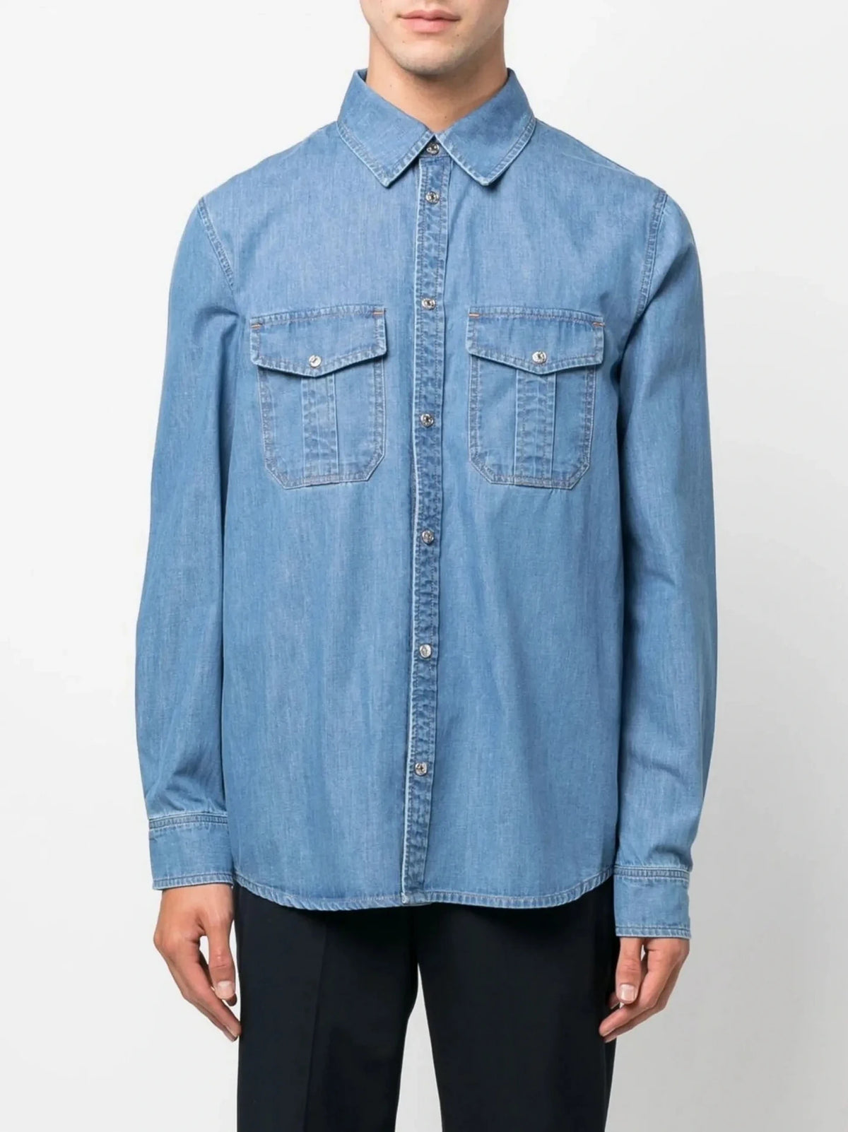 Slogan-Print Blue Denim Shirt