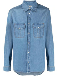 Slogan-Print Blue Denim Shirt