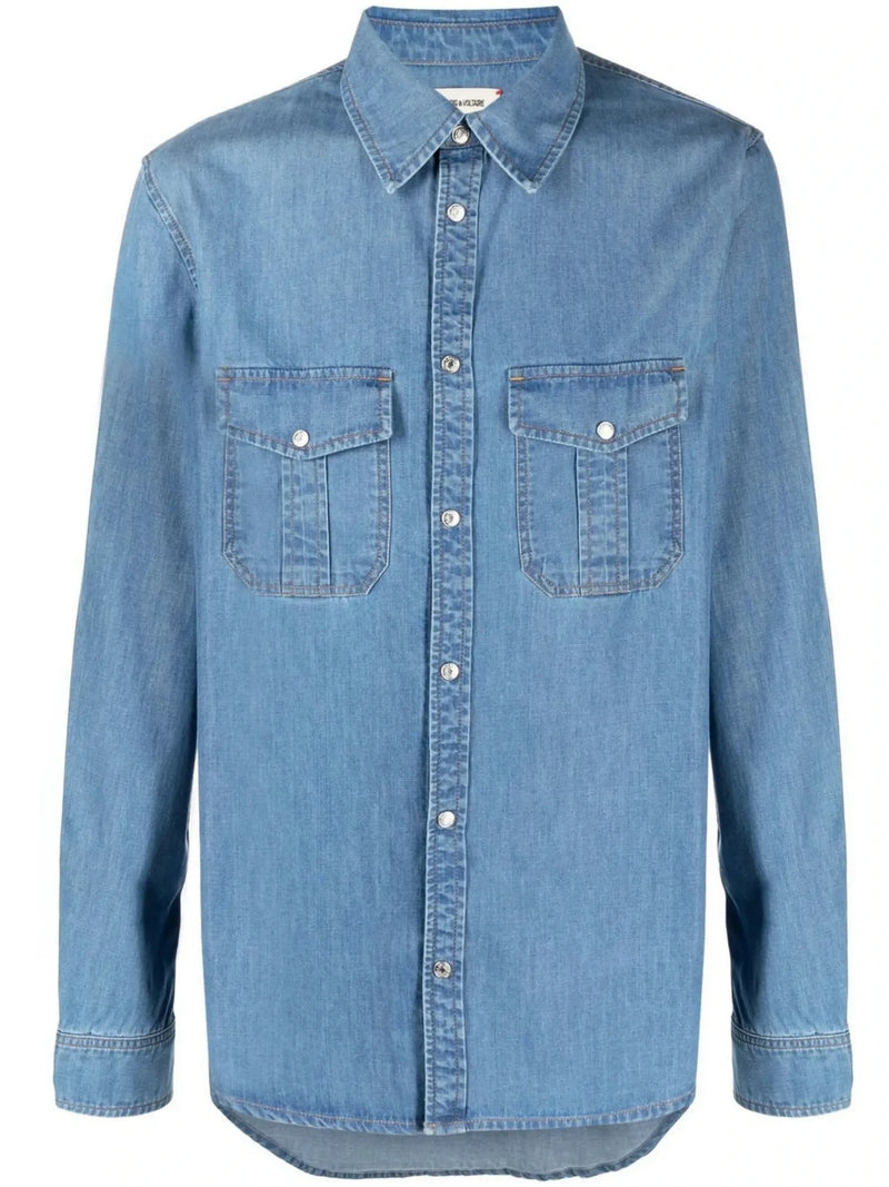 Slogan-Print Blue Denim Shirt