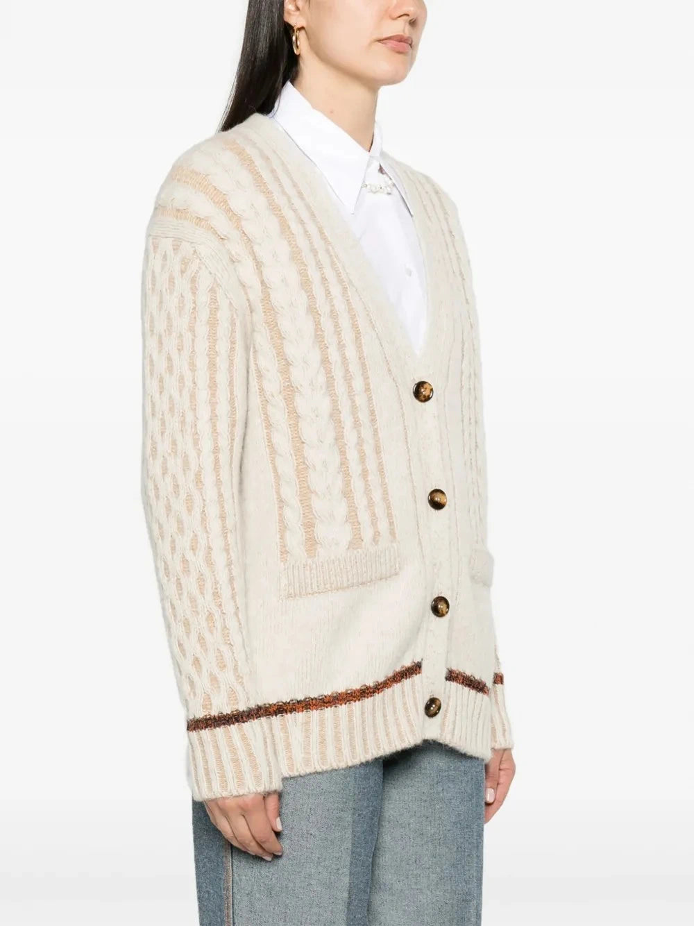 Cable-Knit V-Neck White Cardigan