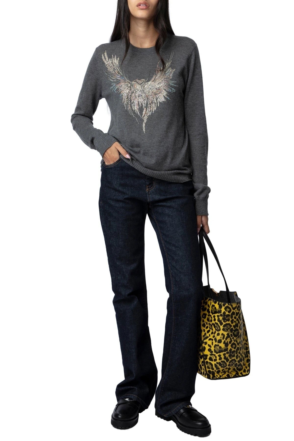 Crystal-Embellished Eagle Grey Sweater