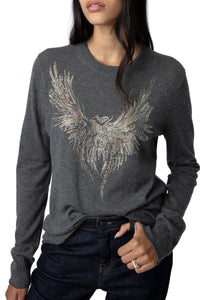 Crystal-Embellished Eagle Grey Sweater