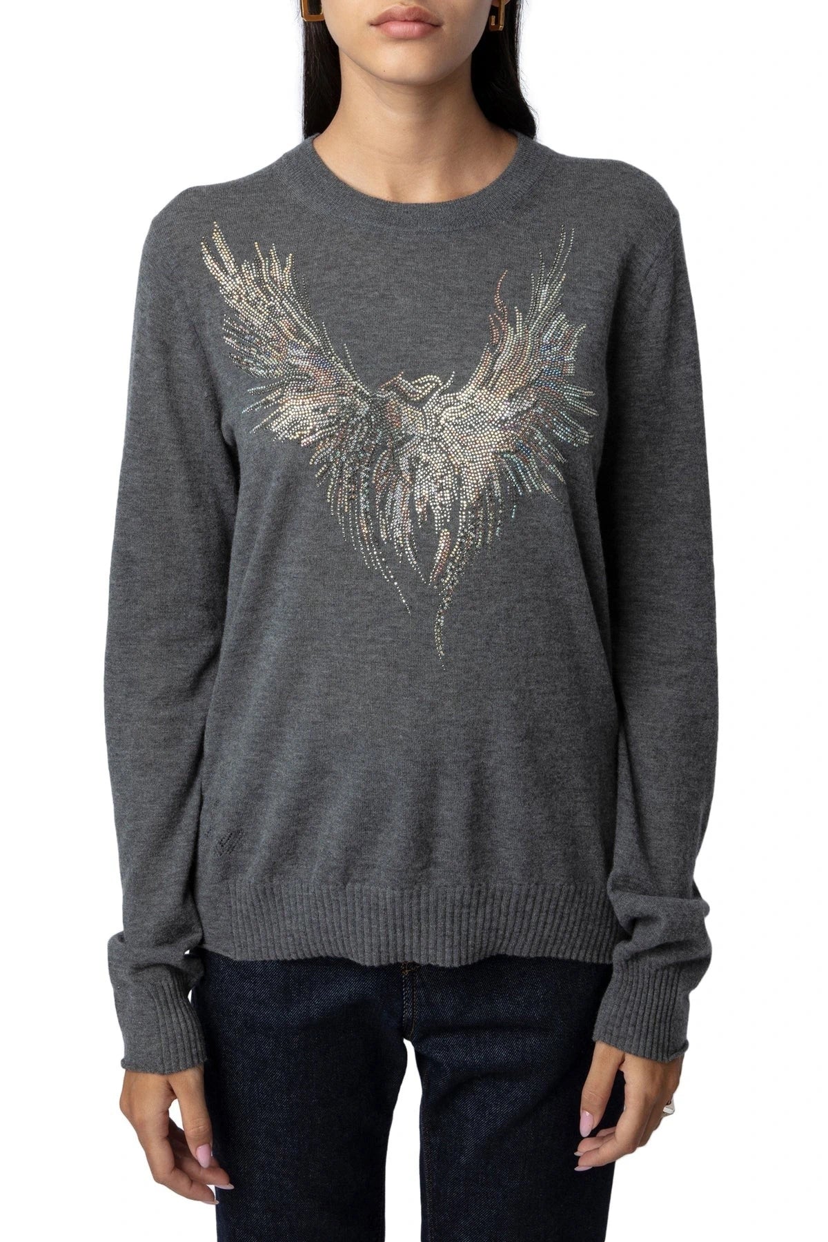 Crystal-Embellished Eagle Grey Sweater