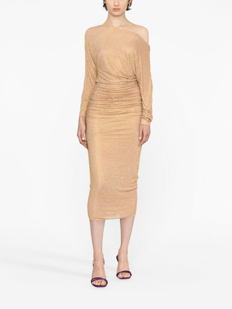 Rhinestone Mesh Gold Midi Dress