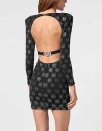 Padded Shoulder Monogram Black Dress