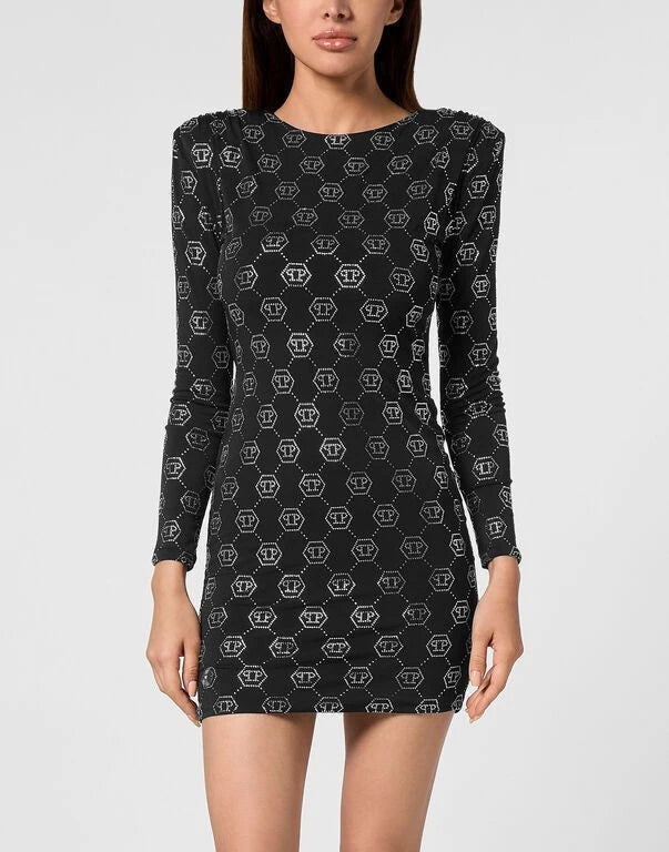 Padded Shoulder Monogram Black Dress