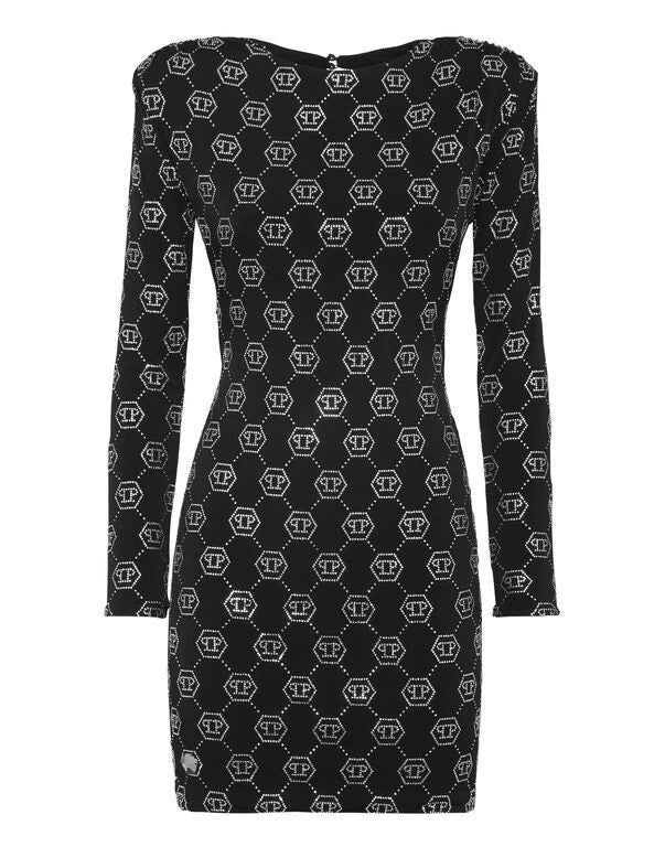 Padded Shoulder Monogram Black Dress