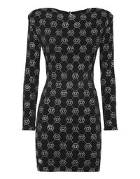 Padded Shoulder Monogram Black Dress