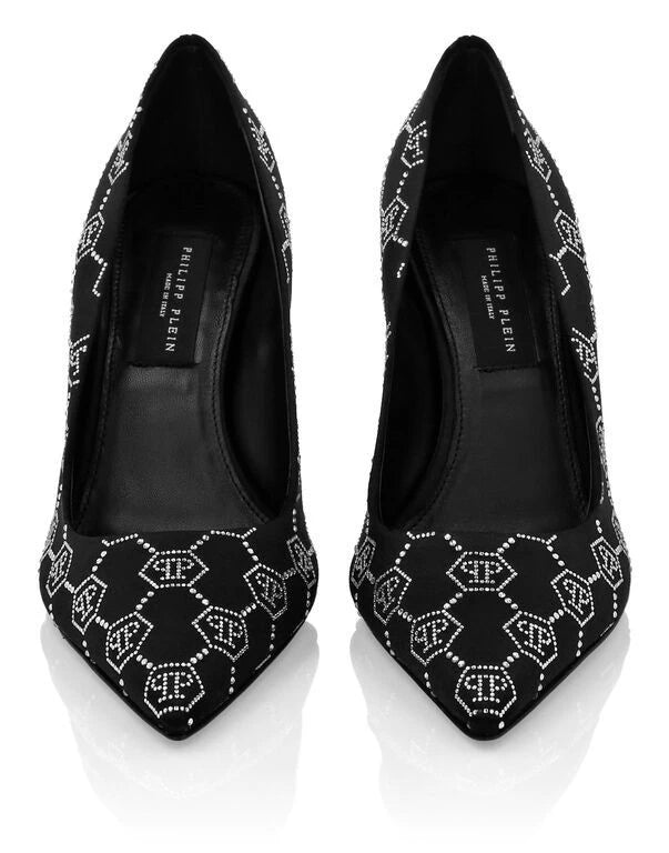 Satin Monogram Black Pumps