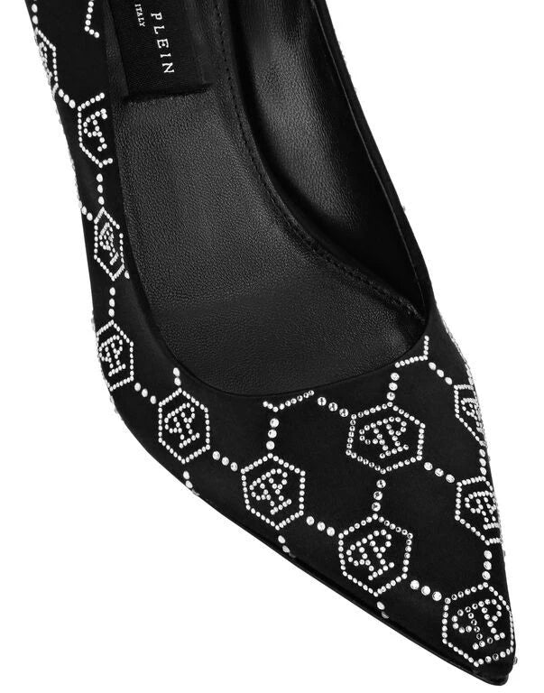 Satin Monogram Black Pumps