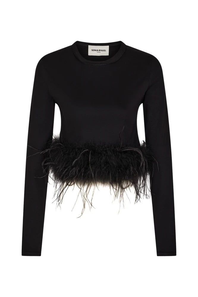 Feather-Trimmed Black Jersey Top