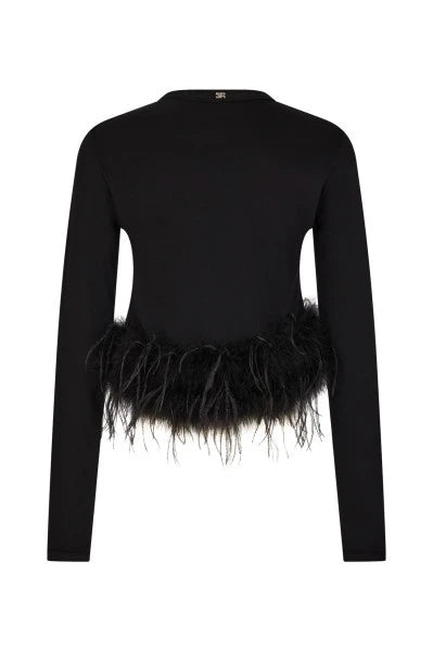 Feather-Trimmed Black Jersey Top
