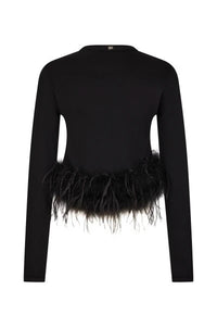 Feather-Trimmed Black Jersey Top