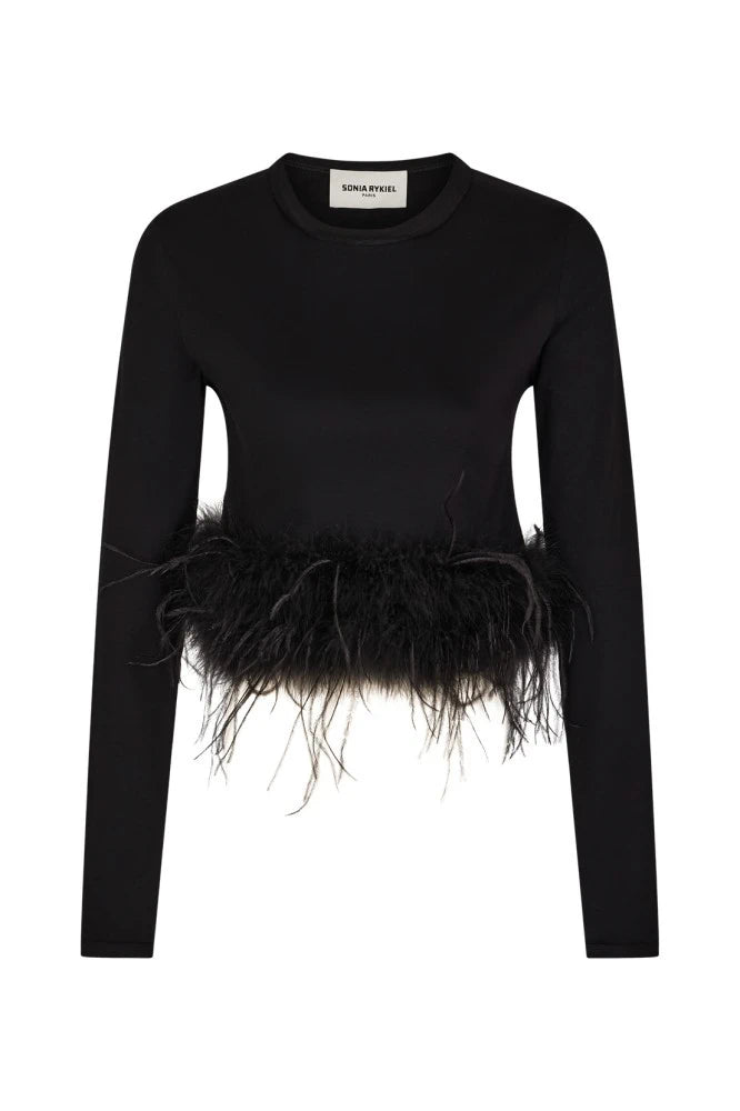 Feather-Trimmed Black Jersey Top
