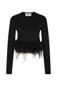 Feather-Trimmed Black Jersey Top