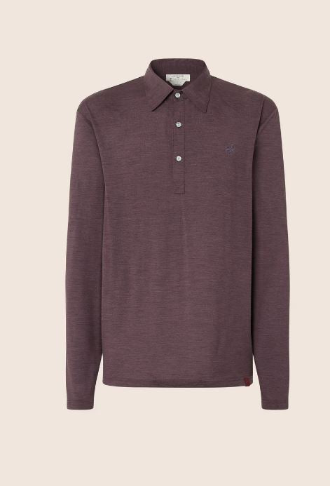 Long-sleeve Polo Shirt in Mélange Burgundy Merino Wool