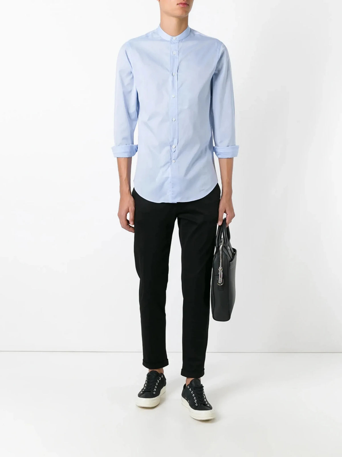 Band Collar Blue Shirt