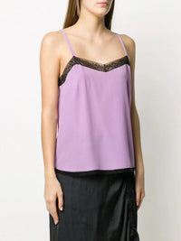 Lace-Embellished Purple Silk Top