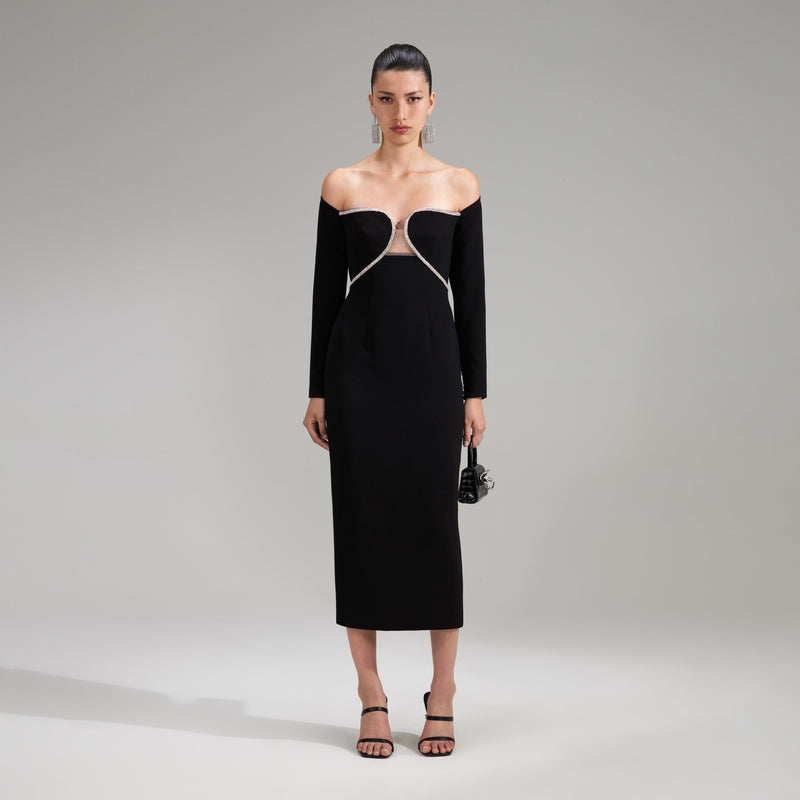 Off Shoulder Black Midi Dress