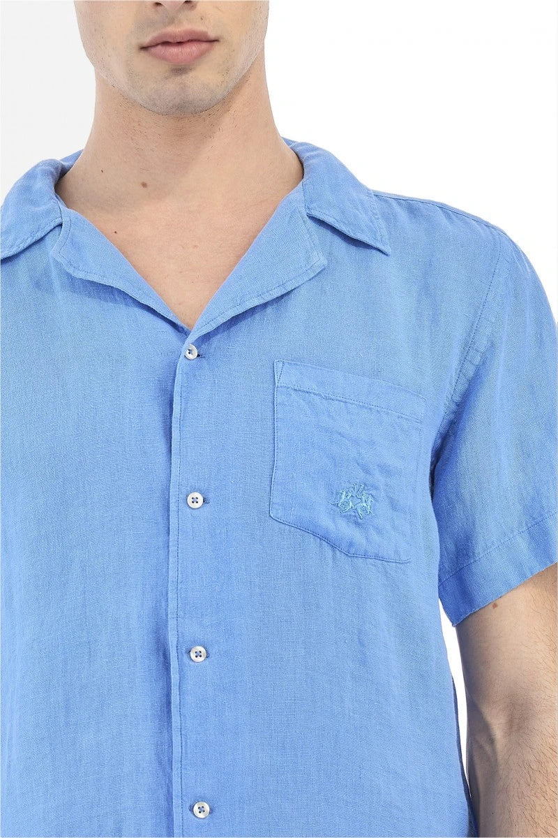 Short Sleeve Blue Linen Shirt