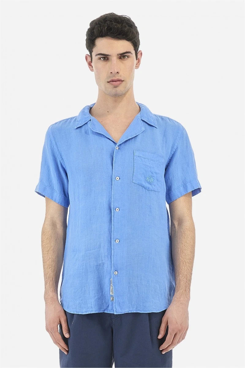 Short Sleeve Blue Linen Shirt