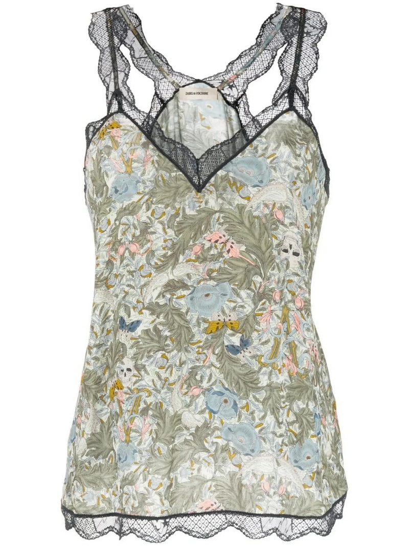 Floral Lace-Trim Green Camisole
