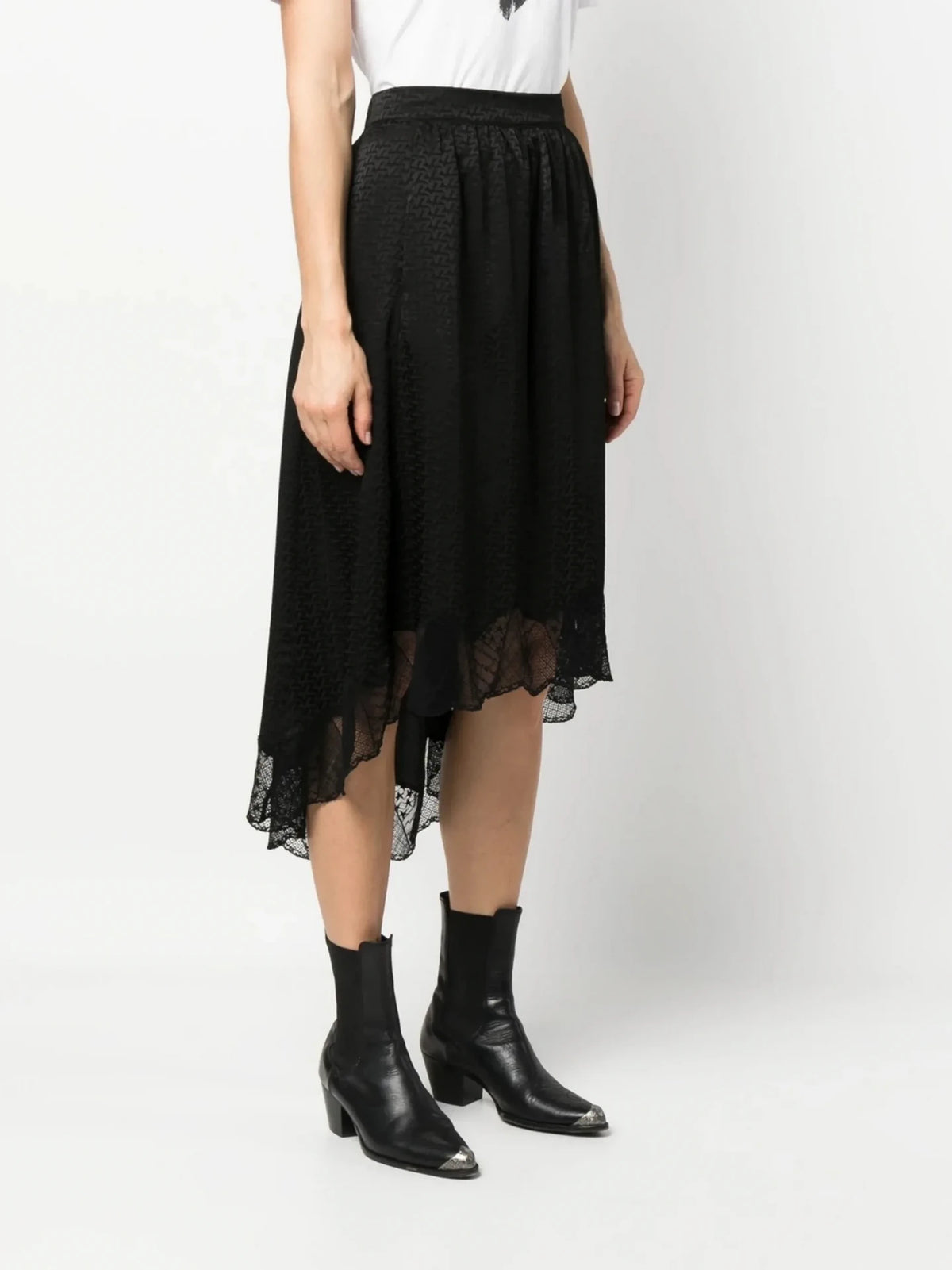 Lace-Trim Black Silk Skirt