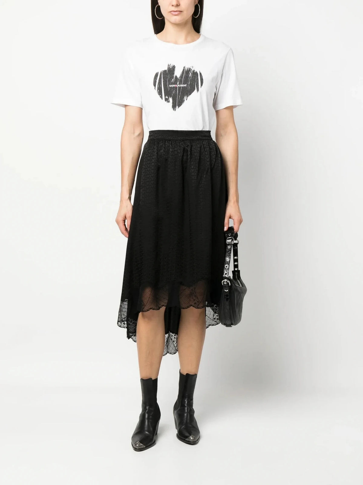 Lace-Trim Black Silk Skirt