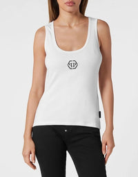 Ribbed PP Hexagon White Tank Top