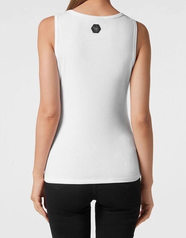 Ribbed PP Hexagon White Tank Top