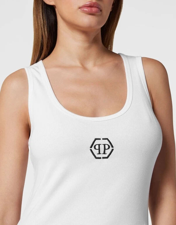 Ribbed PP Hexagon White Tank Top