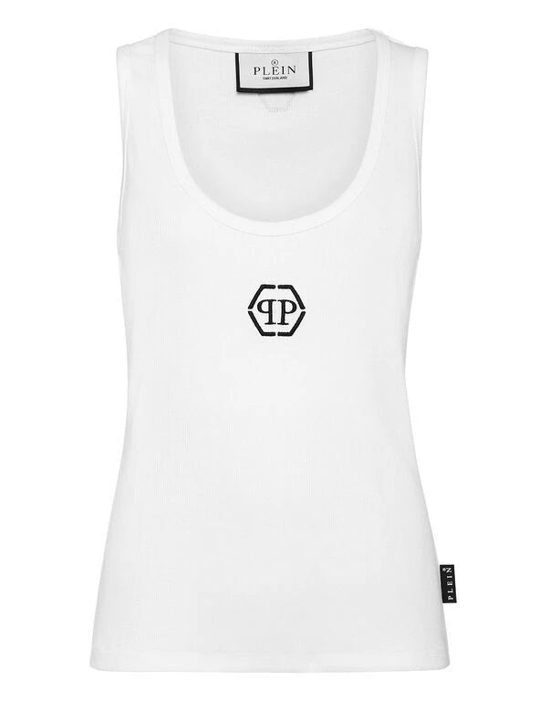 Ribbed PP Hexagon White Tank Top