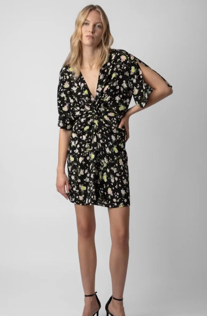 Crinkle Roses Black Dress