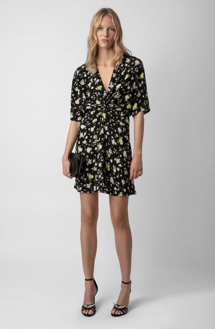 Crinkle Roses Black Dress