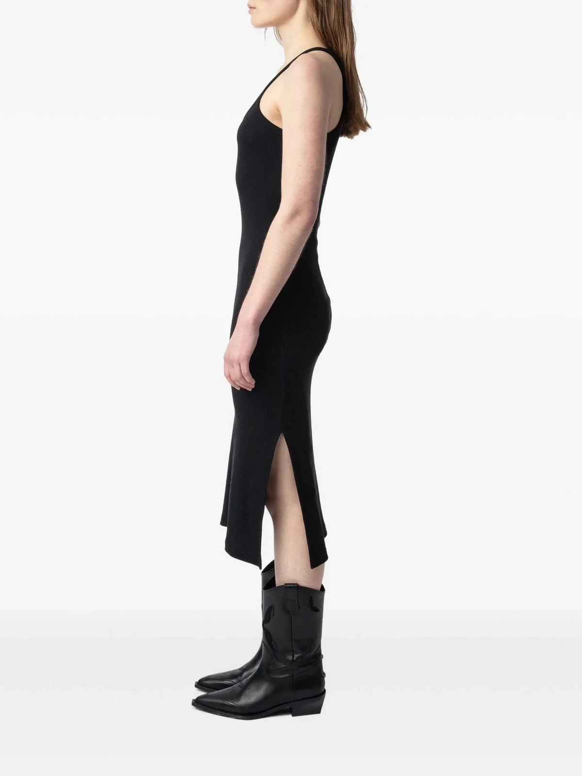 Fine-Ribbed Black Midi Dress